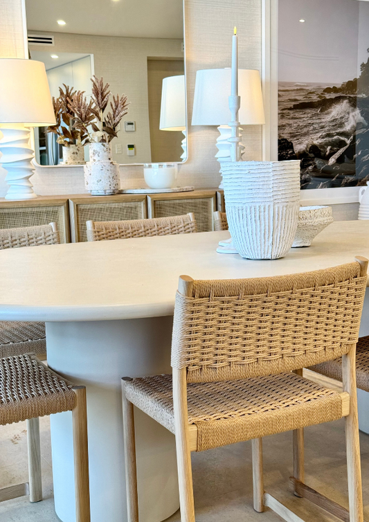 Globe West dining table and dining chairs exclusively with Bungalow Interiors