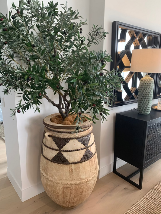 Potted plant in a decorative pot on a wooden floor with a mirror and lamp in the background.