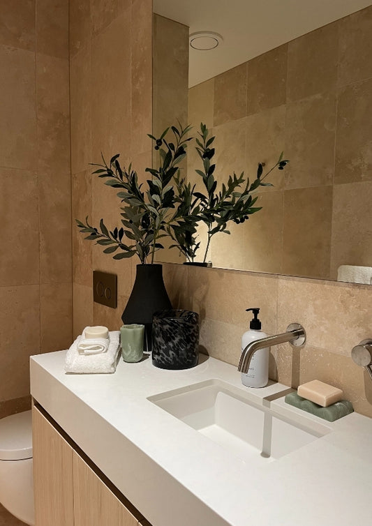 Bathroom vanity with sink, mirror, and decorative elements.