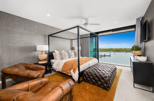 Master Bedroom suite interior styling for waterfront townhouse Paradise Point by Bungalow Home Interiors, Gold Coast