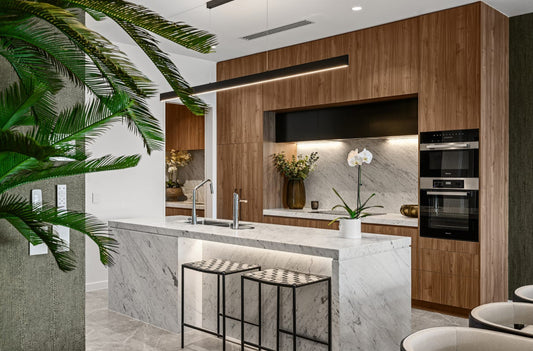 Kitchen breakfast bar and pantry interior styling for waterfront townhouse Paradise Point by Bungalow Home Interiors, Gold Coast