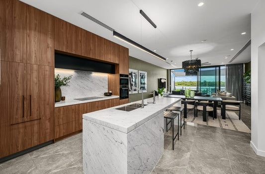 Kitchen and dining room interior styling for waterfront townhouse Paradise Point by Bungalow Home Interiors, Gold Coast