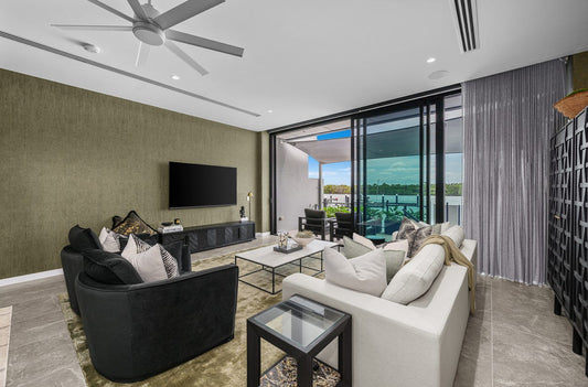 Living room interior styling Paradise Point, Gold Coast Bungalow Interiors Design Studio and Showroom