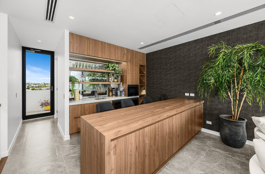 Bar interior styling for waterfront townhouse Paradise Point by Bungalow Home Interiors, Gold Coast