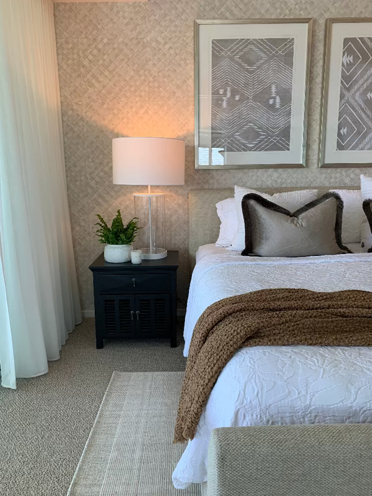 Master bedroom styling with accent wallpaper Bungalow Interiors Gold Coast
