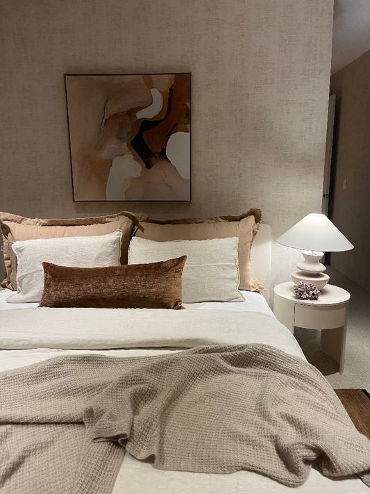 Warm neutral colour scheme for bedroom interior styling, bungalow home interiors