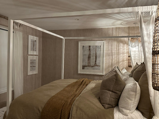 warm neutral colour tones bedroom interior styling, bungalow home interiors