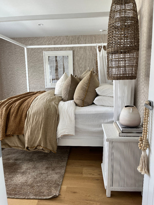 Hale Mercantile bed linen, Uniqwa Collections bed and bedside tables Gold Coast, Bungalow Interiors