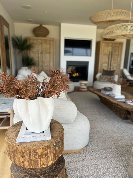 The Foundry vases, Uniqwa Collections pendant, sofa, coffee table, bayliss rug with Bungalow Interiors Gold Coast