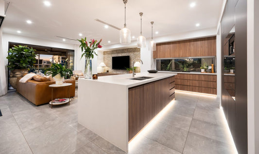 Bungalow Interiors Hope Island, Gold Coast kitchen and living area styling