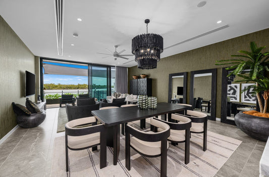 Dining room styling for luxury waterfront villa gold coast by Bungalow Interiors