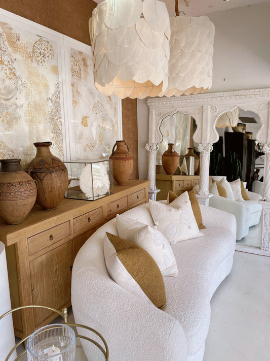 Boucle lounge with custom cushions, Bungalow Home Interior Styling