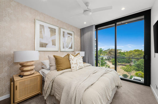 Bedroom styling waterfront villa Paradise Point by Bungalow Interiors, Gold Coast