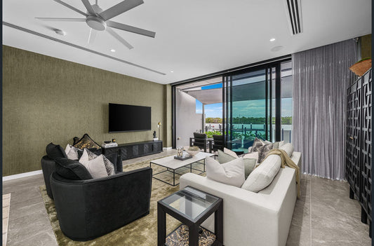 Living room interior styling Paradise Point, Gold Coast Bungalow Interiors Design Studio and Showroom