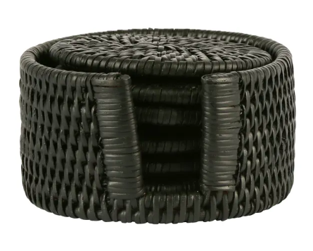 RATTAN ROUND COASTER SET 6 BLACK